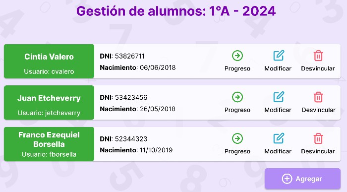 Pantalla de gesti&oacute;n de alumnos dentro de un curso
